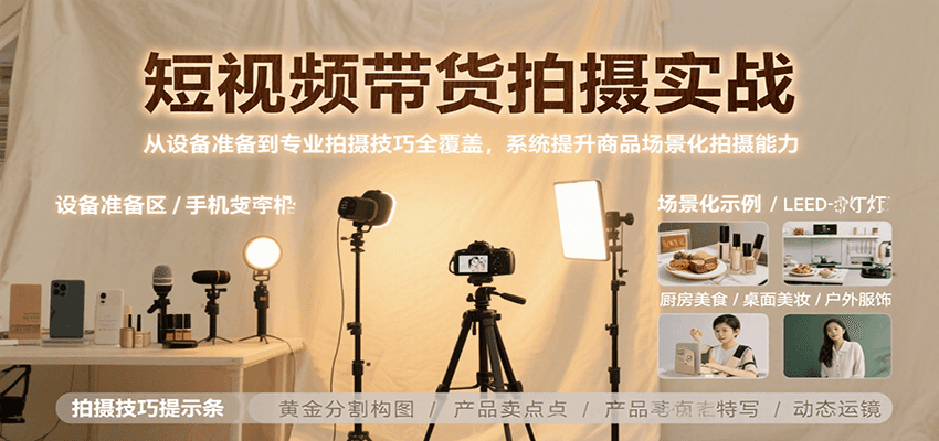 短视频带货拍摄实战，从设备准备到专业拍摄技巧全覆盖，系统提升商品场景化拍摄能力-云推网创项目库
