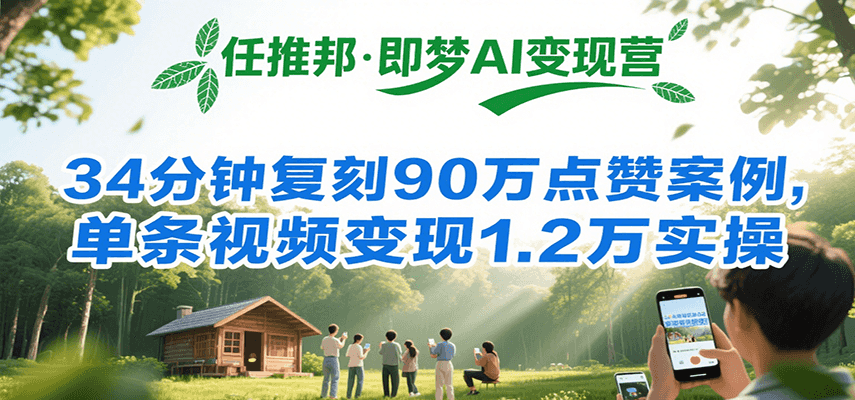 任推邦·即梦AI变现营，34分钟复刻90万点赞案例，单条视频变现1.2万实操-云推网创项目库