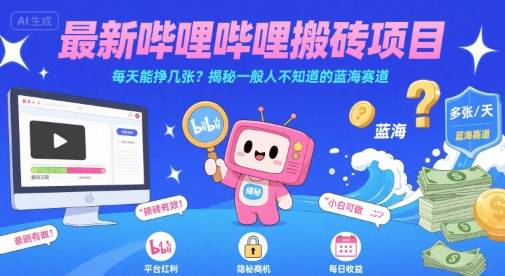 最新哔哩哔哩上B站搬砖项目，每天能挣几张？揭秘一般人不知道的蓝海赛道-云推网创项目库