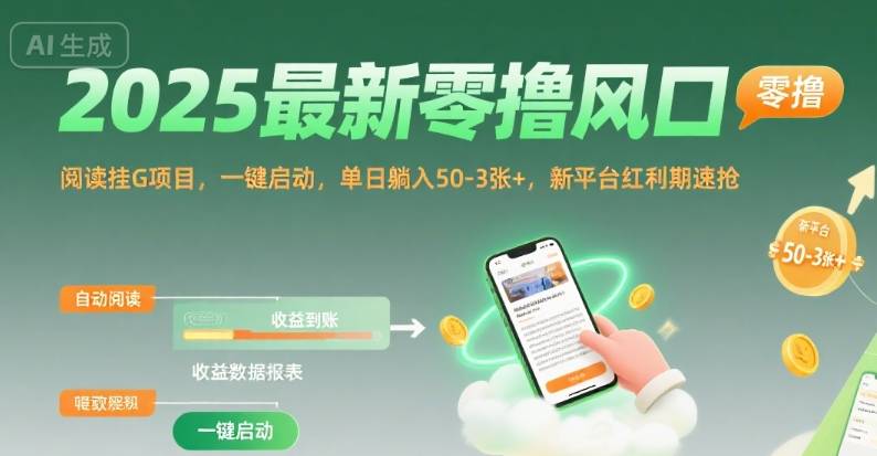 2025最新零撸风口，阅读挂G项目，一键启动，单日躺入 50-3张+，新平台红利期速抢【揭秘】-云推网创项目库