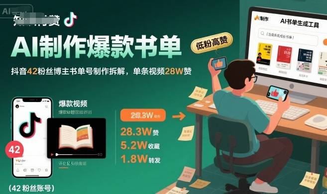 AI制作爆款书单，抖音42粉丝博主书单号制作拆解，单条视频28W赞-云推网创项目库
