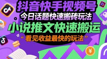 抖音快手视频号今日话题快速搬砖玩法，小说推文快速搬运，看见收益最快的玩法-云推网创项目库