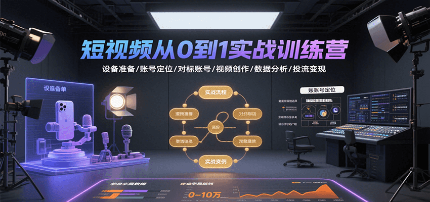短视频从0到1实战训练营：设备准备/账号定位/对标账号/视频创作/数据分析/投流变现-云推网创项目库