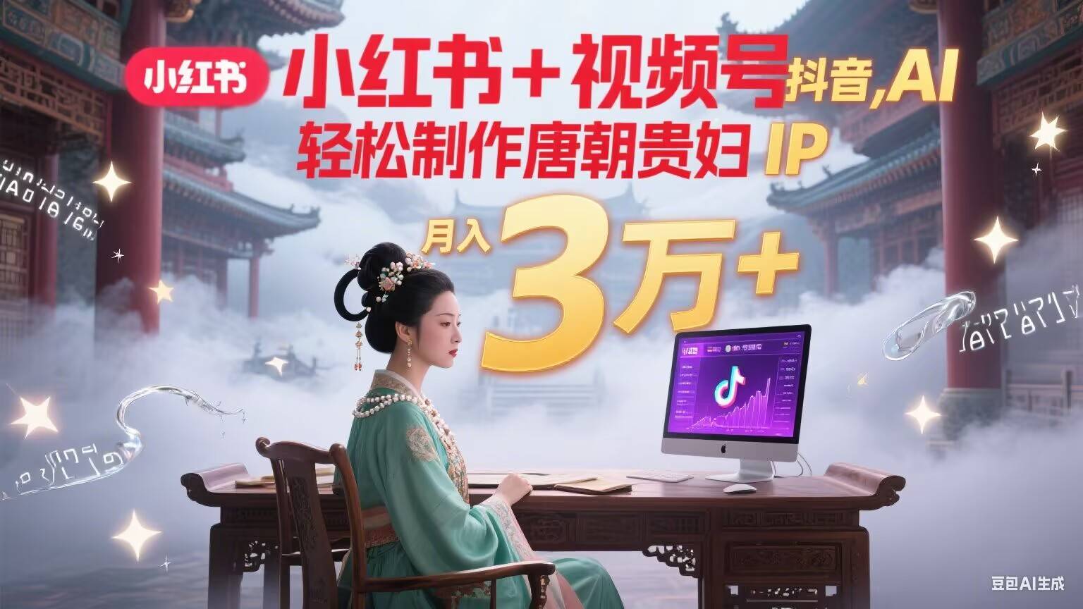 小红书+视频号+抖音，AI轻松制作唐朝贵妇IP，毒鸡汤、励志、减肥瘦身、养生赛道轻松切入，每天30分钟，轻松产出N条，月入3万+-云推网创项目库