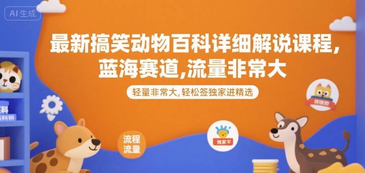最新搞笑动物百科详细解说课程，蓝海赛道，流量非常大，轻松签独家进精选-云推网创项目库