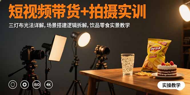短视频带货+拍摄实训：三灯布光法详解,场景搭建逻辑拆解,饮品零食实景教学-云推网创项目库
