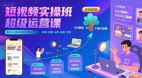 短视频实操班超级运营课，新手小白到短视频大神必修课程，剪辑-拍摄-运营-直播-变现-云推网创项目库