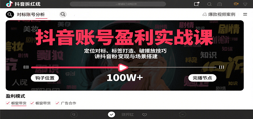 抖音账号盈利实战课，定位对标、标签打造、破播放技巧，讲涨粉变现与场景搭建-云推网创项目库