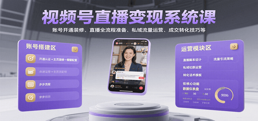 视频号直播变现系统课，账号开通装修、直播全流程准备、私域流量运营、成交转化技巧等-云推网创项目库