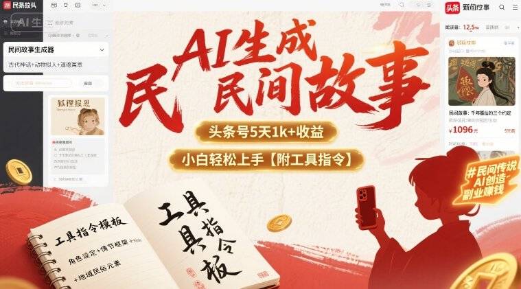 AI生成民间故事，头条号5天1k+，小白轻松上手【附工具指令】-云推网创项目库