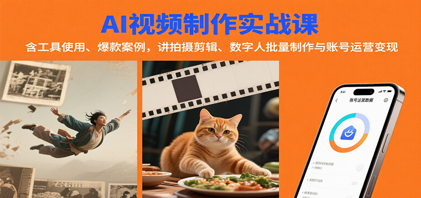 AI视频制作实战：含工具使用、爆款案例，讲拍摄剪辑、数字人批量制作与账号运营变现-云推网创项目库
