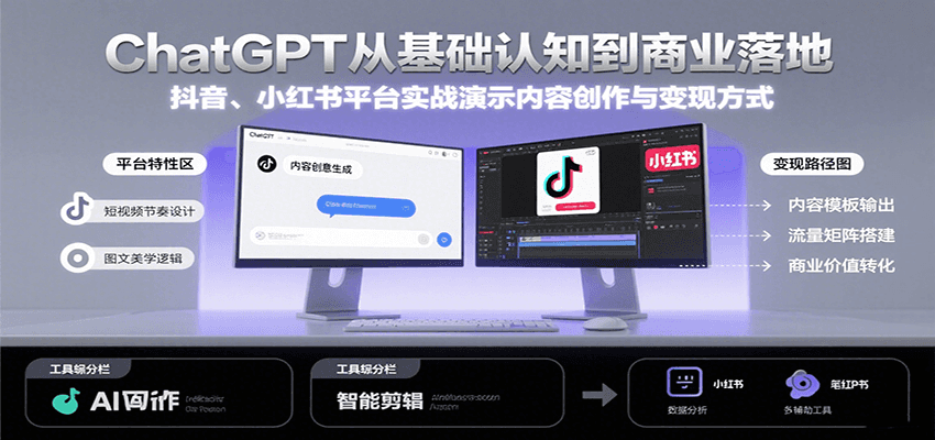 ChatGPT从基础认知到商业落地，实战演示抖音、小红书等平台的内容创作与变现-云推网创项目库