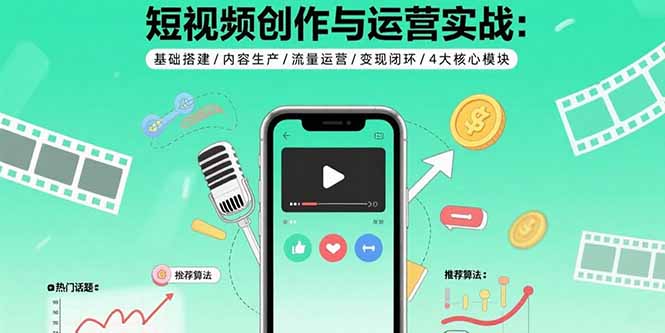 短视频创作与运营实战：基础搭建/内容生产/流量运营/变现闭环/4大核心模块-云推网创项目库
