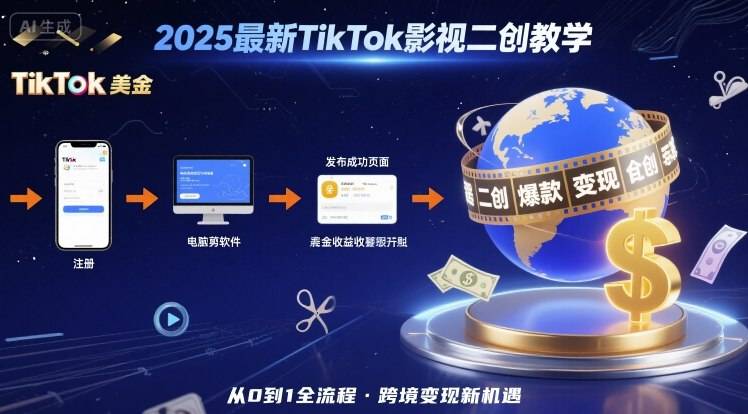 2025年最新TikTok影视二创教学，从注册到发布撸美金全流程，跨境变现新机遇-云推网创项目库