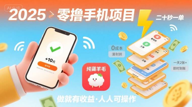 2025年零撸手机项目，二十秒一单，纯薅羊毛 一天2张+做就有-云推网创项目库