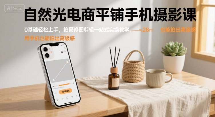 自然光电商平铺手机摄影课，0基础轻松上手，拍摄修图剪辑一站式实操教学，用手机也能拍出高级感-云推网创项目库