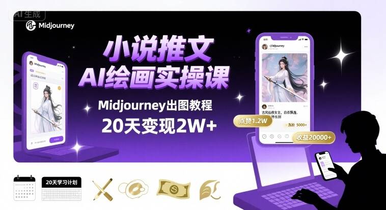 小说推文干货分享之AI绘画MJ出图实操课，用Midjourney做小说推文，20天挣2w-云推网创项目库
