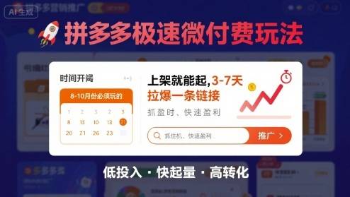 8月26号拼多多极速微付费玩法，8-10月份必须玩的，上架就能起，3-7天拉爆一条链接-云推网创项目库