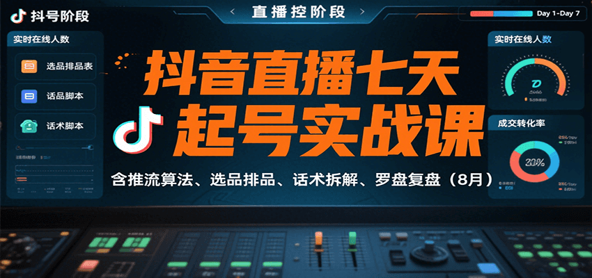 抖音直播七天起号实战课：含推流算法、选品排品、话术拆解、罗盘复盘(8月)-云推网创项目库