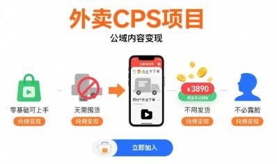 外卖CPS项目，公域内容变现，零基础可上手，无需囤货、不用发货、不必露脸、纯佣变现-云推网创项目库