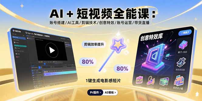 AI+短视频全能课：账号搭建/AI工具/剪辑技术/创意特效/账号运营/带货直播-云推网创项目库