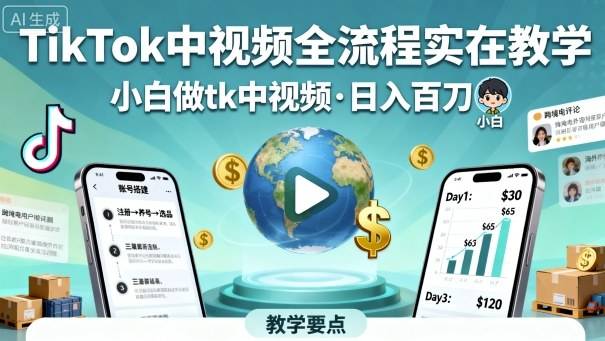 TikTok中视频全流程实操教学，小白做tk中视频，日入百刀-云推网创项目库