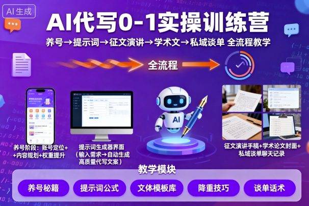 AI代写0-1实操训练营，从养号、提示词、征文演讲、学术文，到私域谈单的全流程教学-云推网创项目库