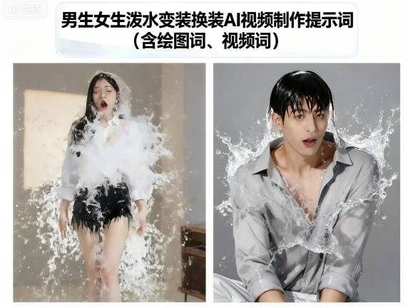 男生女生泼水变装换装AI视频制作提示词(含绘图词、视频词)-云推网创项目库