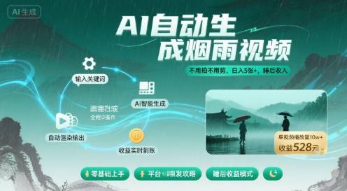 不用拍不用剪！AI自动生成烟雨视频，日入5张+，睡后收入-云推网创项目库