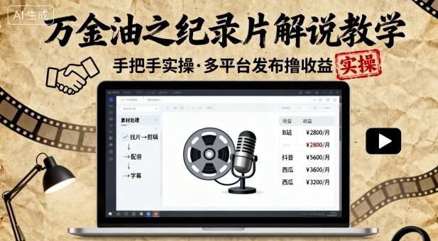 万金油之纪录片解说教学，手把手教你，完全实操，多平台发布撸收益-云推网创项目库