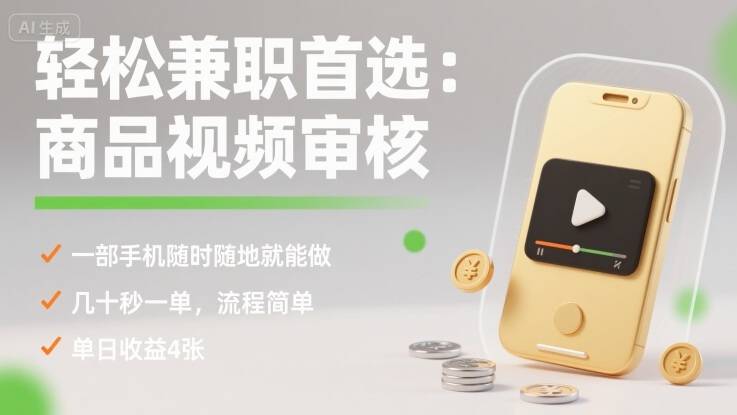 轻松兼职首选：商品视频审核，一部手机随时随地就能做，几十秒一单，流程简单，单日收益4张【揭秘】-云推网创项目库