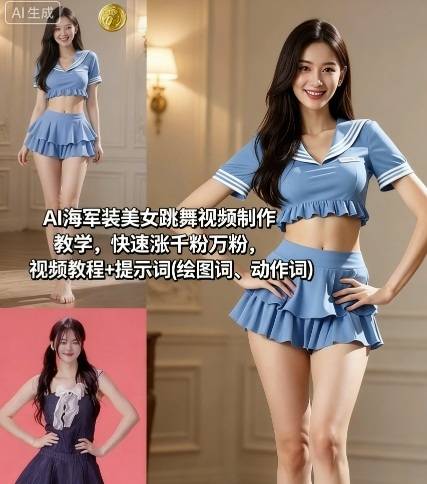 AI海军装美女跳舞视频制作教学，快速涨千粉万粉，视频教程+提示词(绘图词、动作词)-云推网创项目库