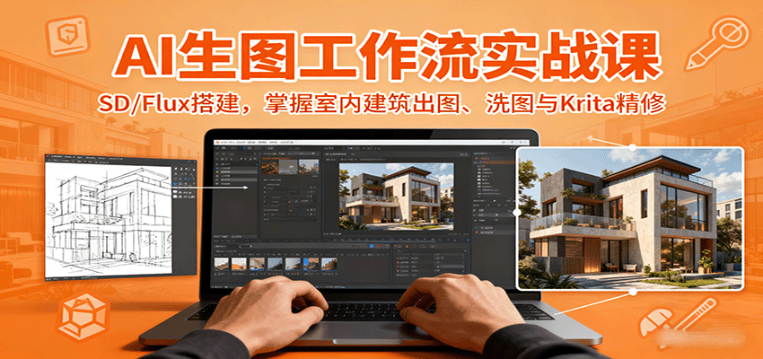 AI生图工作流实战课：SD/Flux搭建，掌握室内建筑出图、洗图与Krita精修-云推网创项目库