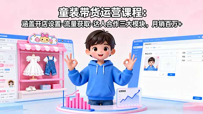童装带货运营课程：涵盖开店设置-流量获取-达人合作三大模块，月销百万+-云推网创项目库
