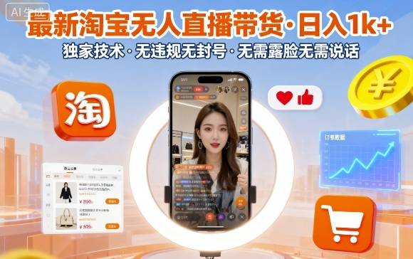 最新淘宝无人直播带货，日入1k+，独家技术，无违规无封号，无需露脸无需说话【揭秘】-云推网创项目库