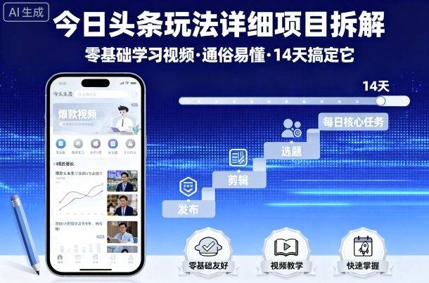 今日头条玩法详细项目拆解，零基础学习视频 通俗易懂 14天搞定它-云推网创项目库