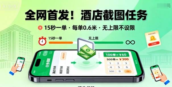 全网首发！酒店截图任务，15秒一单，每单0.6米，任务无上限不设限，矩阵操作单日3张到手【揭秘】-云推网创项目库