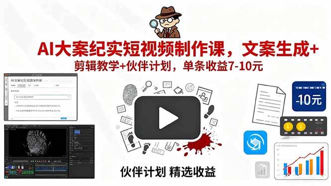 AI大案纪实短视频制作课，文案生成+剪辑教学+伙伴计划，单条收益7-10元-云推网创项目库