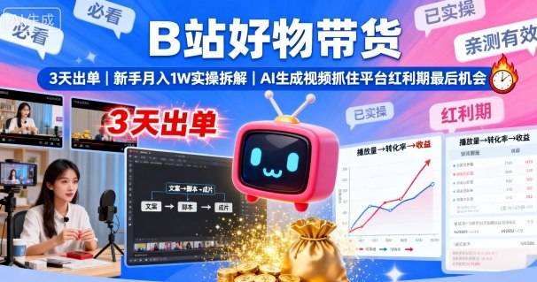 B站好物带货，3天出单，新手月入1W实操拆解，AI生成视频，抓住平台红利期最后机会-云推网创项目库