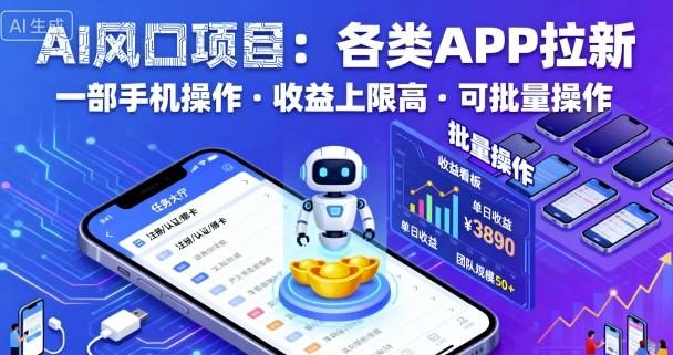 AI风口项目，各类APP拉新，一部手机就可以操作，收益上限高，可批量操作-云推网创项目库