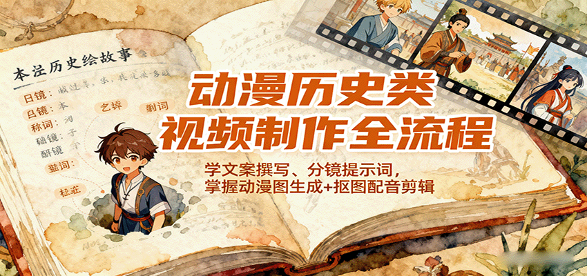 动漫历史类视频制作全流程，学文案撰写、分镜提示词，掌握动漫图生成+抠图配音剪辑-云推网创项目库