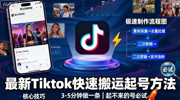 最新Tiktok快速搬运快速起号方法，3-5分钟做一条，起不来的号可以试试-云推网创项目库