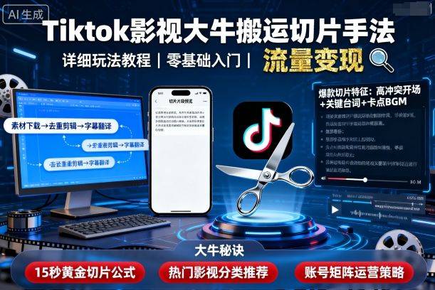 Tiktok影视大牛搬运切片手法，详细玩法教程-云推网创项目库
