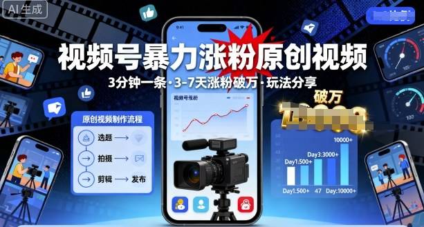 视频号暴力涨粉原创视频，3分钟一条原创视频，3-7天涨粉破万，玩法分享给你-云推网创项目库