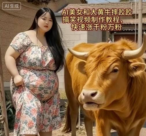 AI美女和大黄牛摔跤搞笑荒诞视频制作教程，快速涨千粉万粉-云推网创项目库
