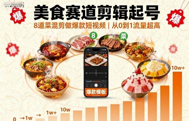 美食赛道剪辑起号，8道菜混剪做爆款短视频，从0到1，流量超高-云推网创项目库