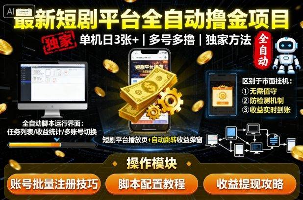 最新短剧平台全自动挂G撸金项目，单机一天3张+，多号多撸，区别于市面所有挂机项目，独家方法【揭秘】-云推网创项目库