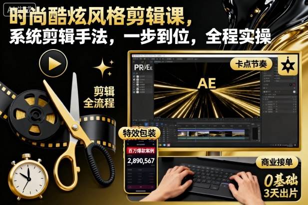 时尚酷炫风格剪辑课,系统剪辑手法,一步到位,全程实操-云推网创项目库