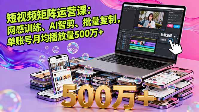短视频矩阵运营课：网感训练、AI智剪、批量复制，单账号月均播放量500万+-云推网创项目库