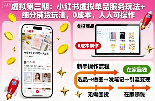 虚拟第三期:小红书虚拟单品服务玩法+细分铺货玩法,0成本,人人可操作-云推网创项目库